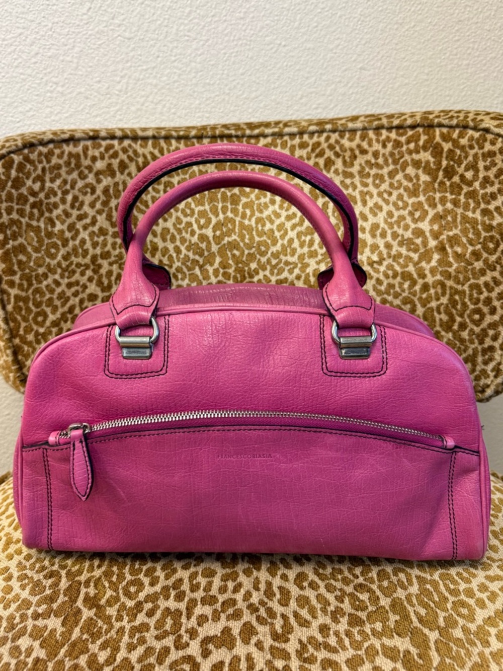 💯 Authentic FRANCESCO BIASIA Pink Leather Bowler Satchel Bag w Silver Hardware